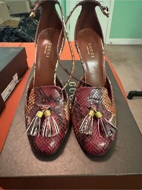 Gucci Burgundy and Tan Snakeskin Tassel Slingback Heels